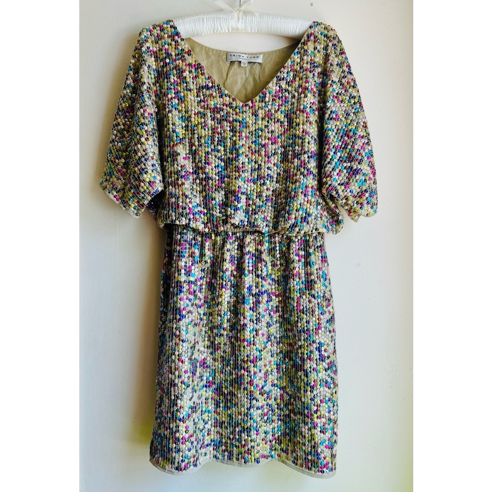 TRINA TURK MULTICOLORED SEQUINS BLOUSON DRESS SIZE 2